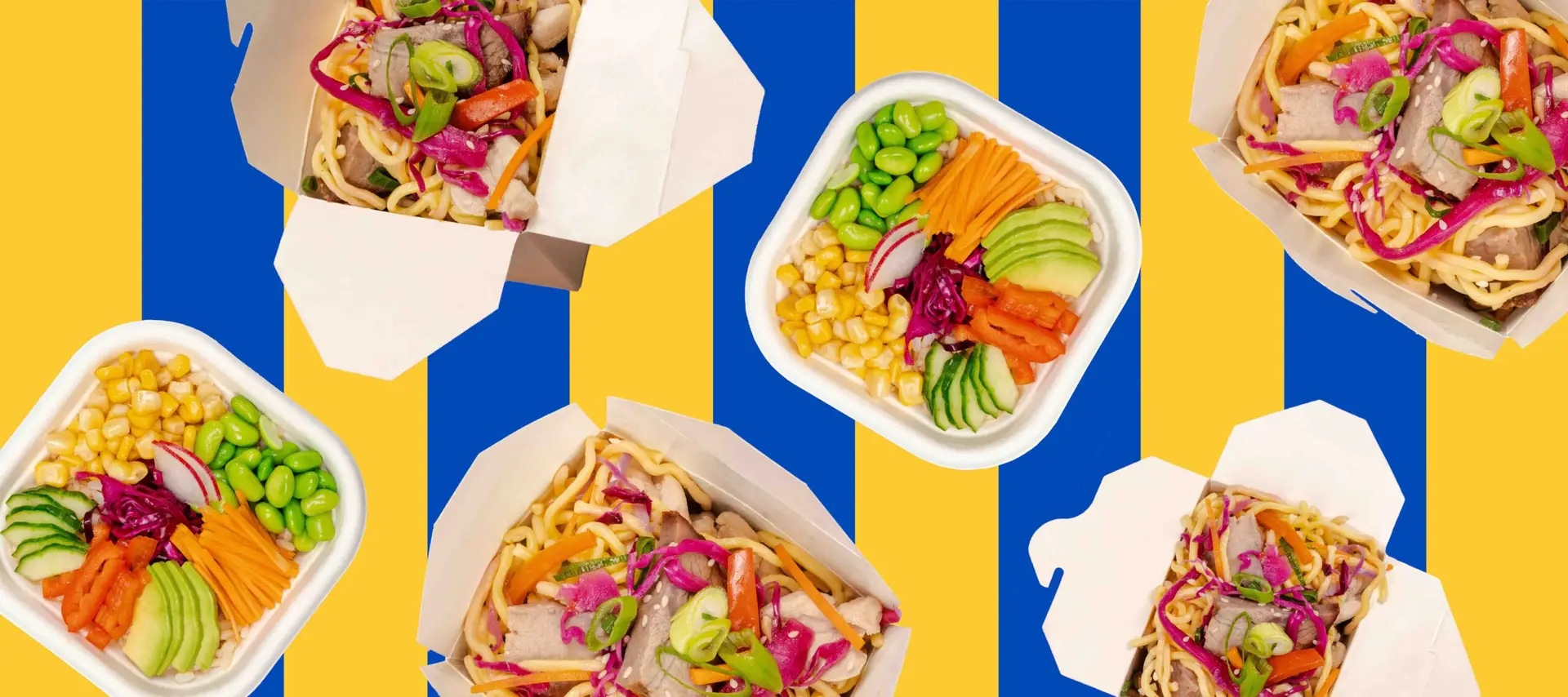 Various poke bowls deep etched across blue and yellow lines to showcase quality and freshness.